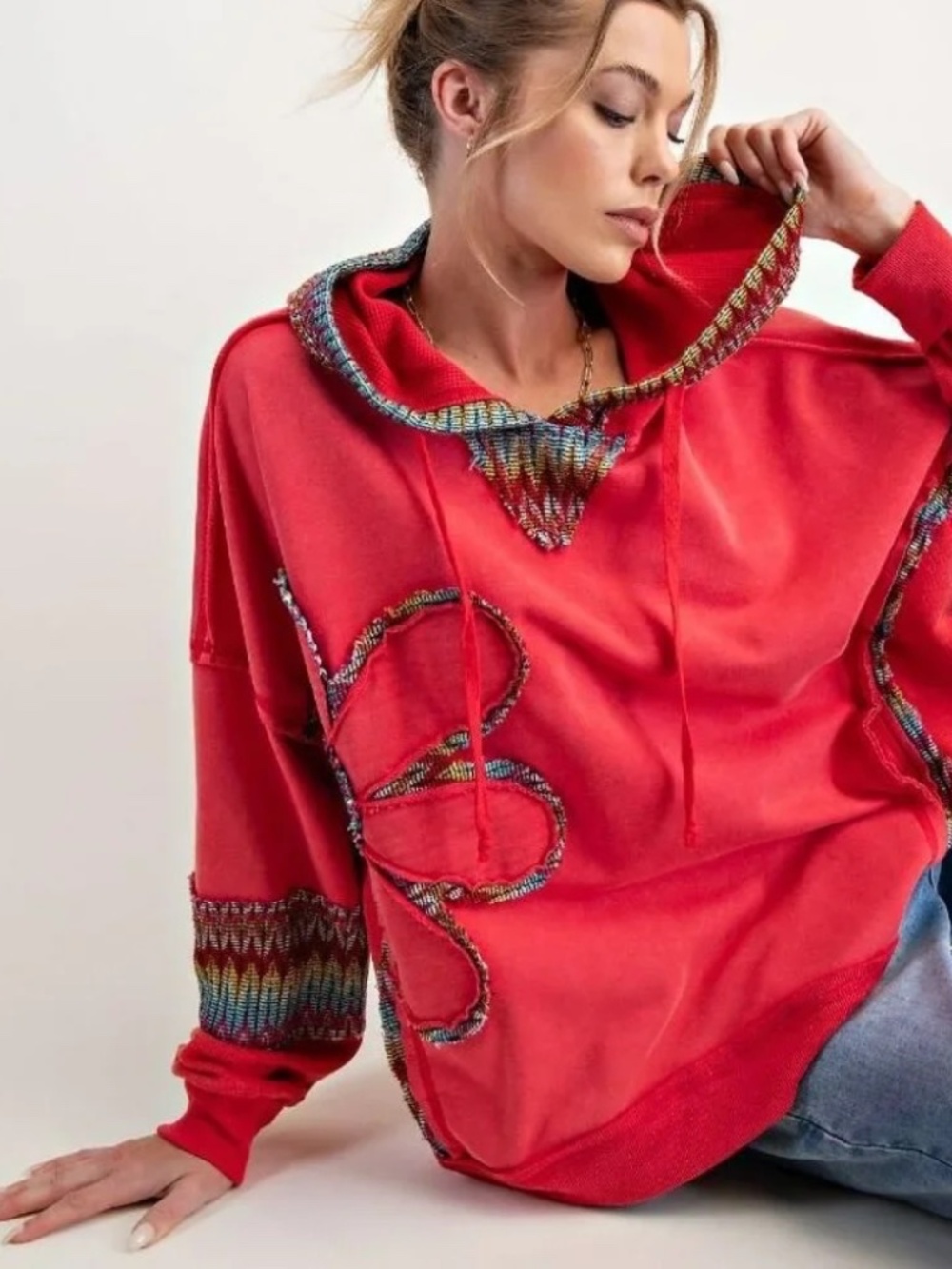 New Easel Poppy Red Daisy Patch Terry Hoodie Oversized Washed Pullover Small - Picture 2 of 5